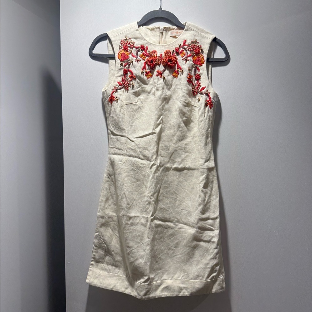 Tory Burch Leona Embellished Mini Dress with Red Embroidery